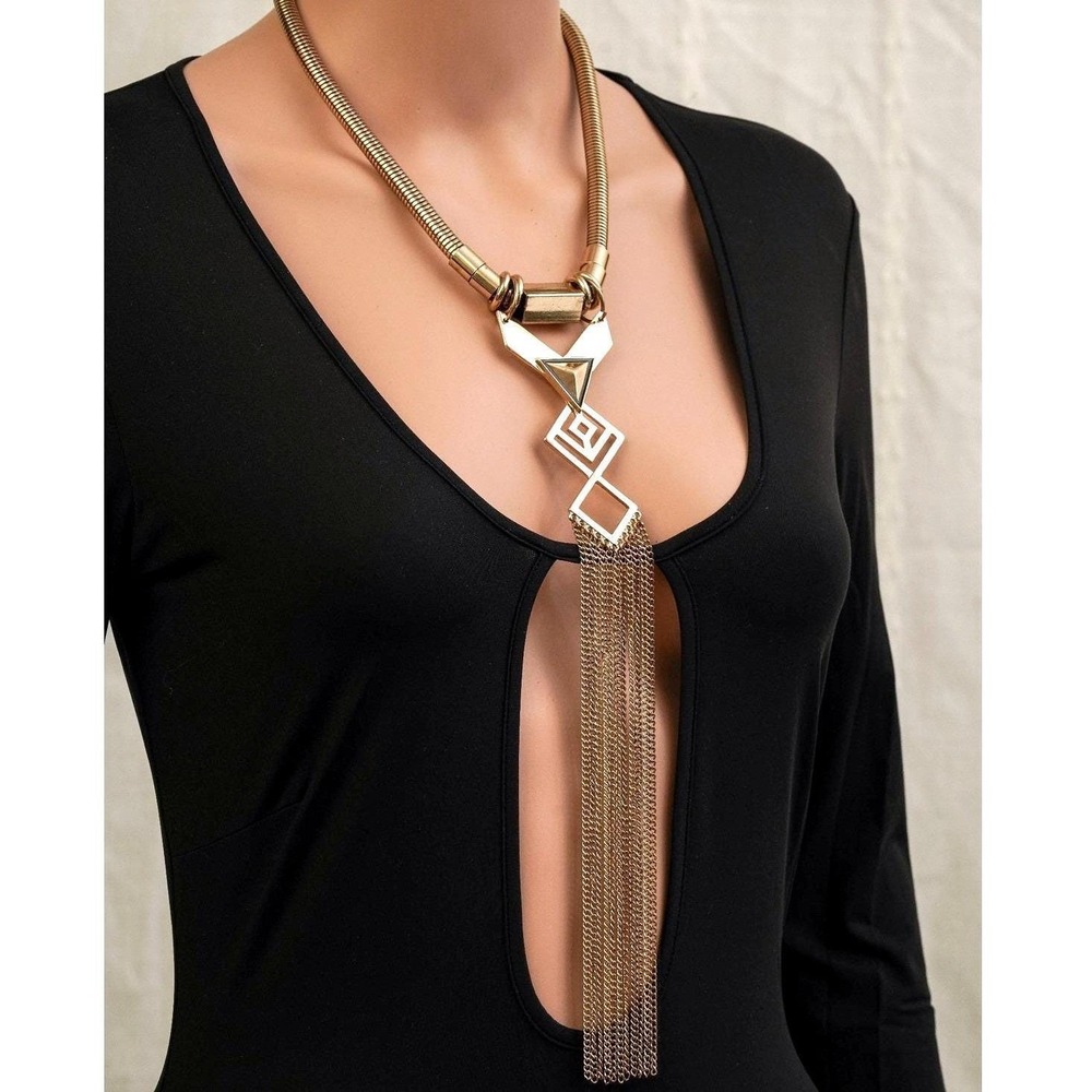 Gold Tone Geometric Fringe Statement Necklace Omega Chain Art Deco Style - Picture 2 of 5